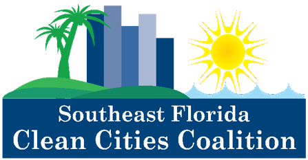 silhouette of palm trees, downtown city, and the sun over the ocean. Clean Cities logo