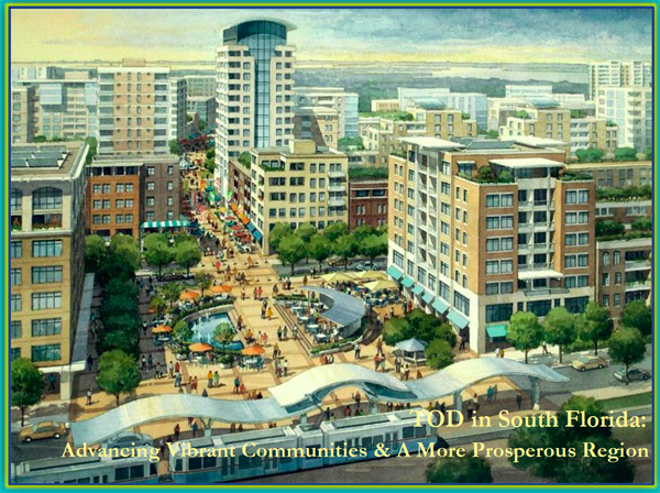 Illustration in color of a planned city in south Florida with buildings and pedestrians